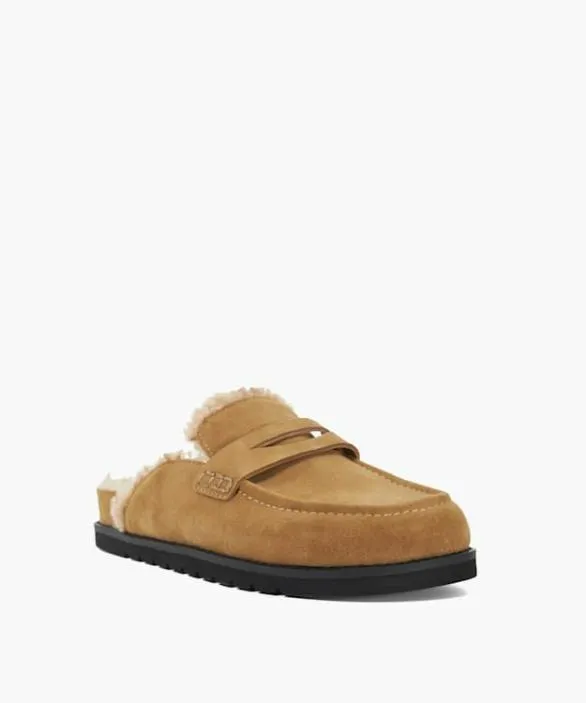 Dune London Flat Shoes Women Goldy Sand Faux Shearling Lined Backless Mule Suede Loafers Neutral