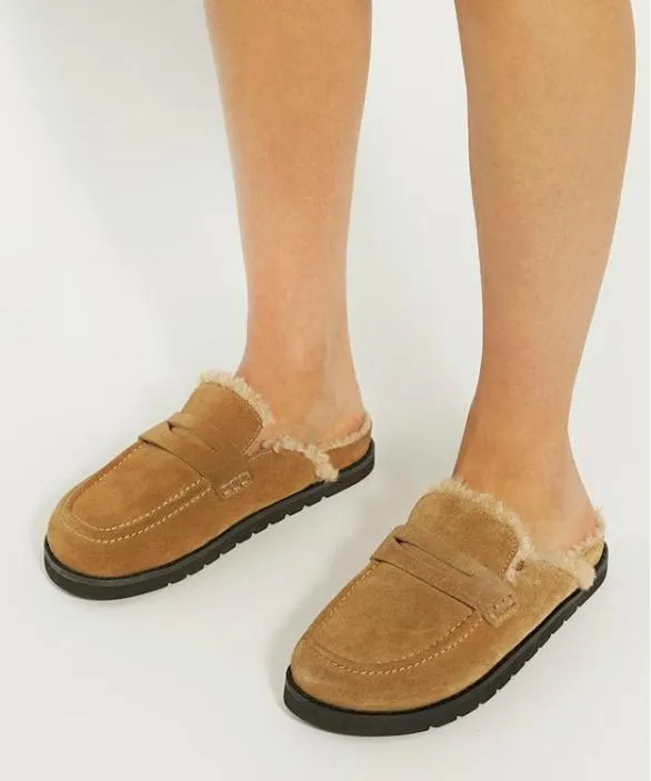 Dune London Flat Shoes Women Goldy Sand Faux Shearling Lined Backless Mule Suede Loafers Neutral