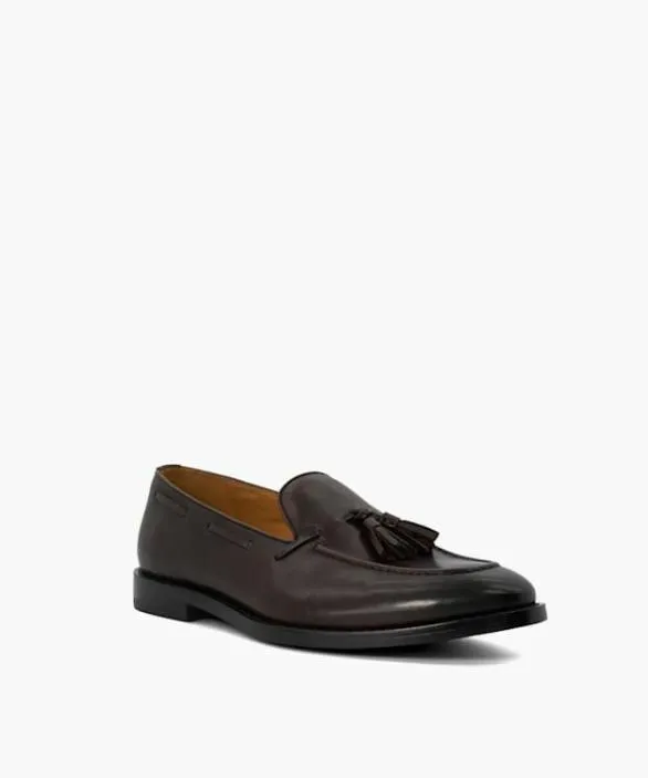 Dune London Leather Sole Shoes Men Sanders Dark Brown Leather Tassel Trimmed Loafers Brown