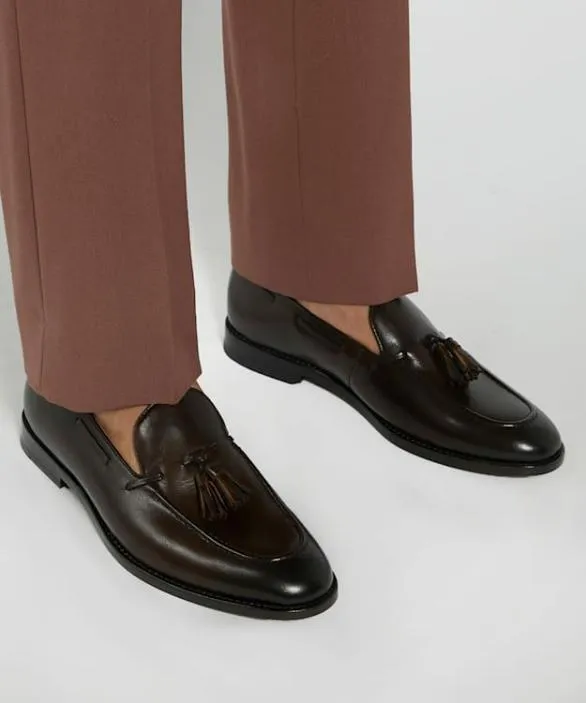 Dune London Leather Sole Shoes Men Sanders Dark Brown Leather Tassel Trimmed Loafers Brown
