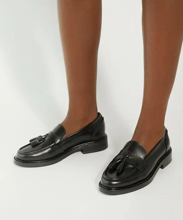Dune London Loafers Women Garda Black Leather Tassel Trim Loafers Black