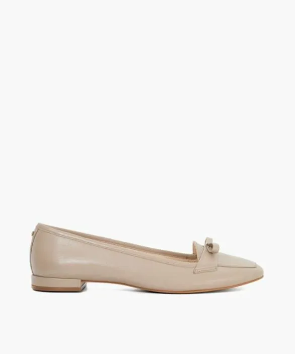 Dune London Loafers Women Glows Taupe Leather Square Toe Bow Trim Flat Black