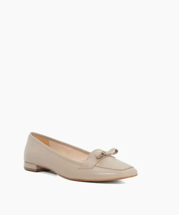 Dune London Loafers Women Glows Taupe Leather Square Toe Bow Trim Flat Black