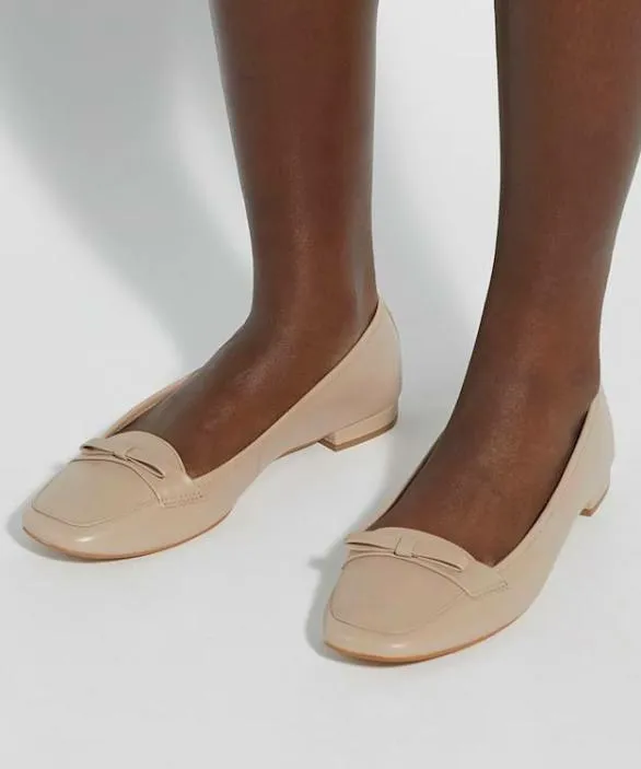 Dune London Loafers Women Glows Taupe Leather Square Toe Bow Trim Flat Black