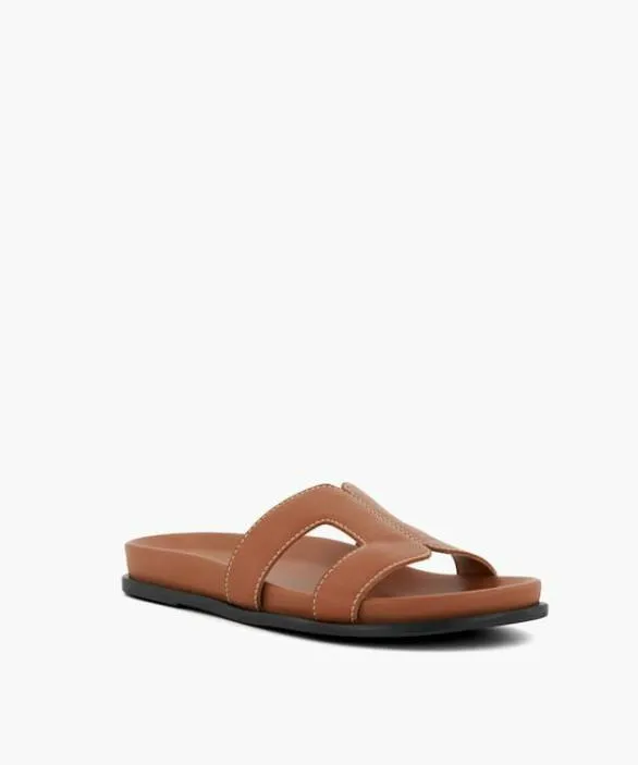 Dune London Wide Fit Sandals Women Loupa Tan Wide Fit ComfortFootbed Flat Leather Sandals Brown