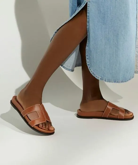 Dune London Wide Fit Sandals Women Loupa Tan Wide Fit ComfortFootbed Flat Leather Sandals Brown