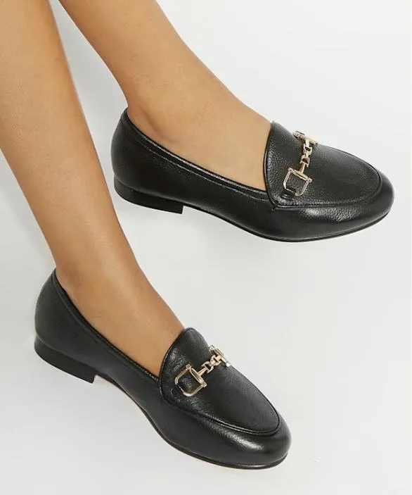 Dune London Wide Fit Shoes Women Glair Black Wide Fit Almond Toe Buckle Detail Loafers Black