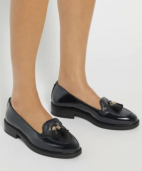 Dune London Wide Fit Shoes Women Grape Navy Wide Fit Patent Tassel Loafers Blue