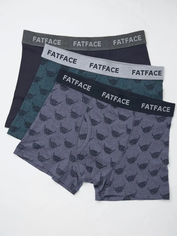 Fat Face Underwear Blue Highland Cow Cotton Boxers 3 Pack 8211 Men