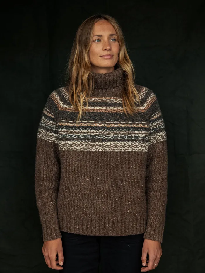 Finisterre Knitwear Women Rocall Fair Isle Roll Neck Sweater Chocolate Multi