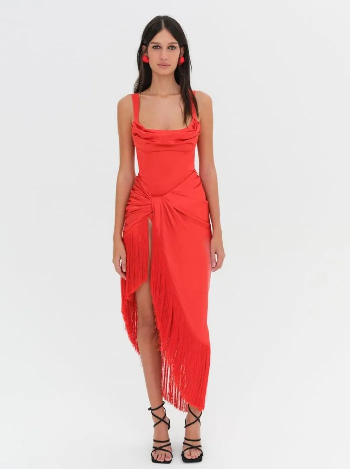 For Love and Lemons Dresses Anisa Fringe Midi Dress Red 8211 Women