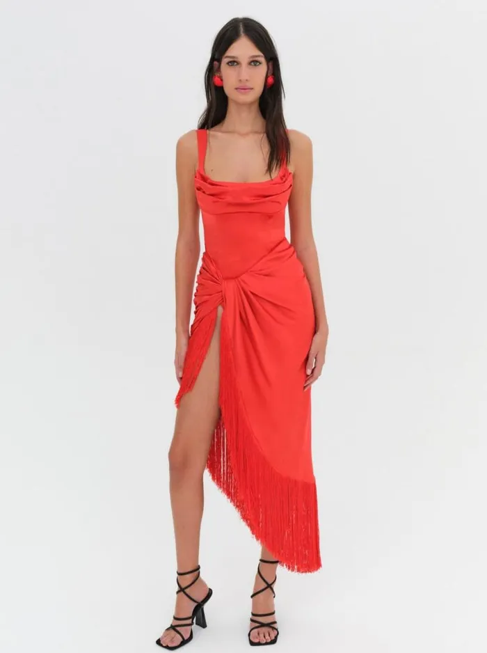 For Love and Lemons Dresses Anisa Fringe Midi Dress Red 8211 Women