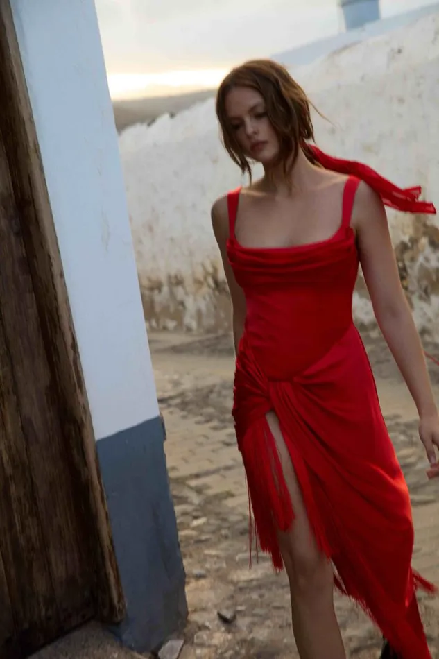For Love and Lemons Dresses Anisa Fringe Midi Dress Red 8211 Women