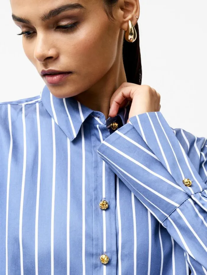 French Connection Alexis Cotton Stripe Long Flared Sleeve Shirt Navywhite Women Tops