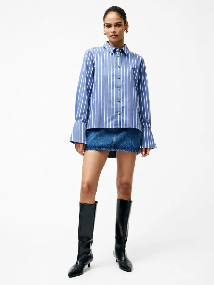 French Connection Alexis Cotton Stripe Long Flared Sleeve Shirt Navywhite Women Tops
