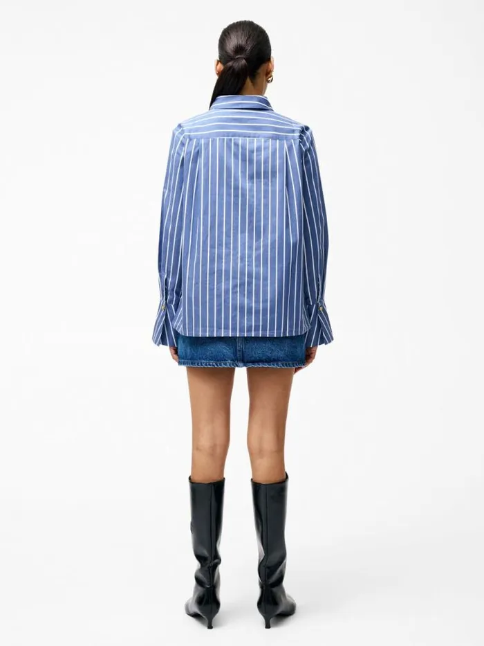 French Connection Alexis Cotton Stripe Long Flared Sleeve Shirt Navywhite Women Tops