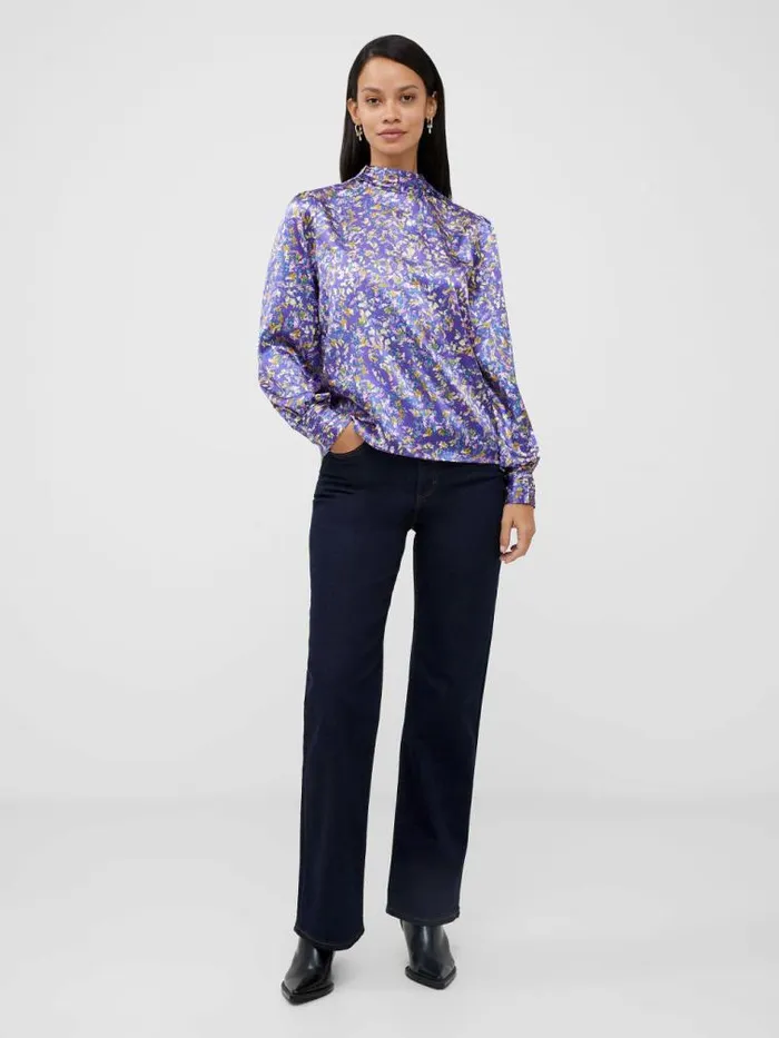 French Connection Amber Adora Satin Top Cobalt Violet Women Tops