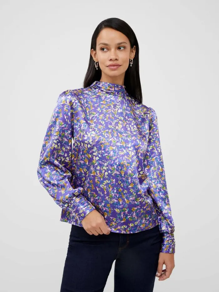 French Connection Amber Adora Satin Top Cobalt Violet Women Tops