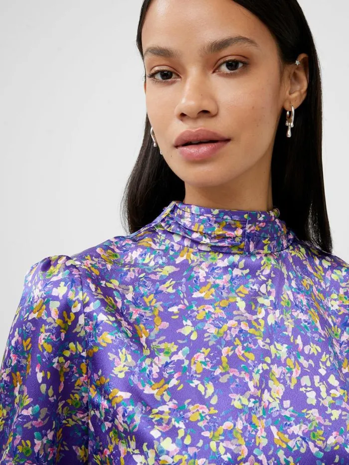 French Connection Amber Adora Satin Top Cobalt Violet Women Tops