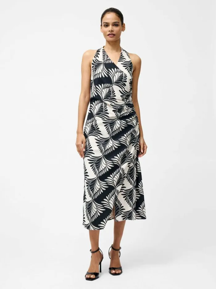 French Connection Ariette Linen Blend Crossover Midi Dress Blackcream Women Dresses