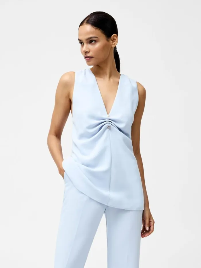 French Connection Arlette Sleeveless V Neck Top Powder Blue Women Tops
