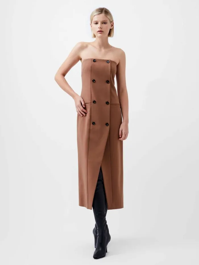 French Connection Azra Twill Bandeau Midi Dress Camel Women Dresses