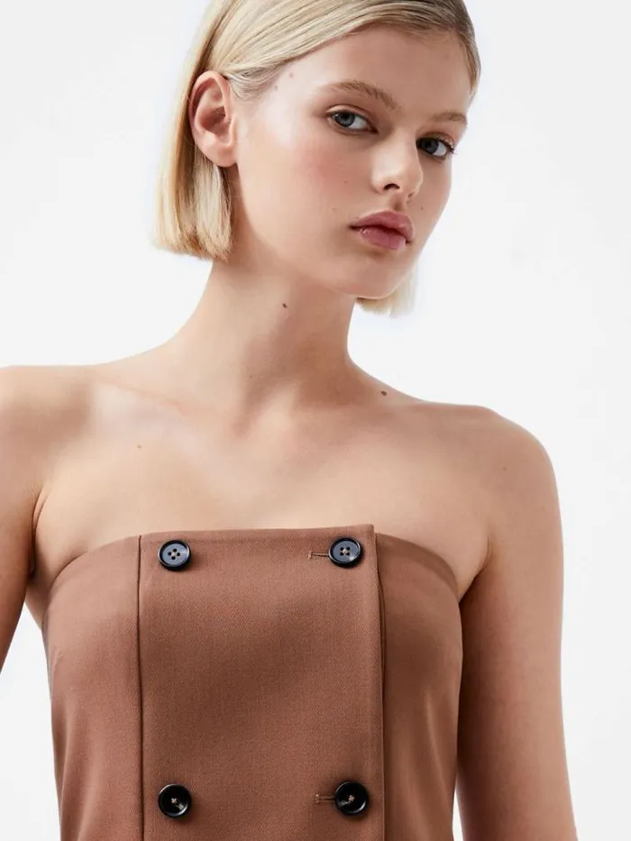 French Connection Azra Twill Bandeau Midi Dress Camel Women Dresses