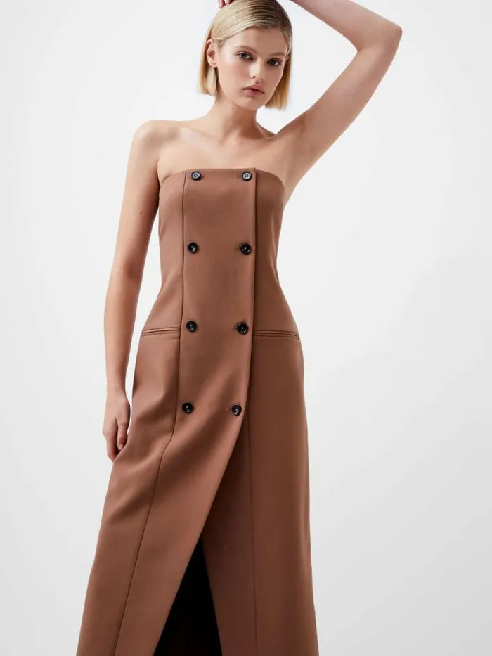 French Connection Azra Twill Bandeau Midi Dress Camel Women Dresses