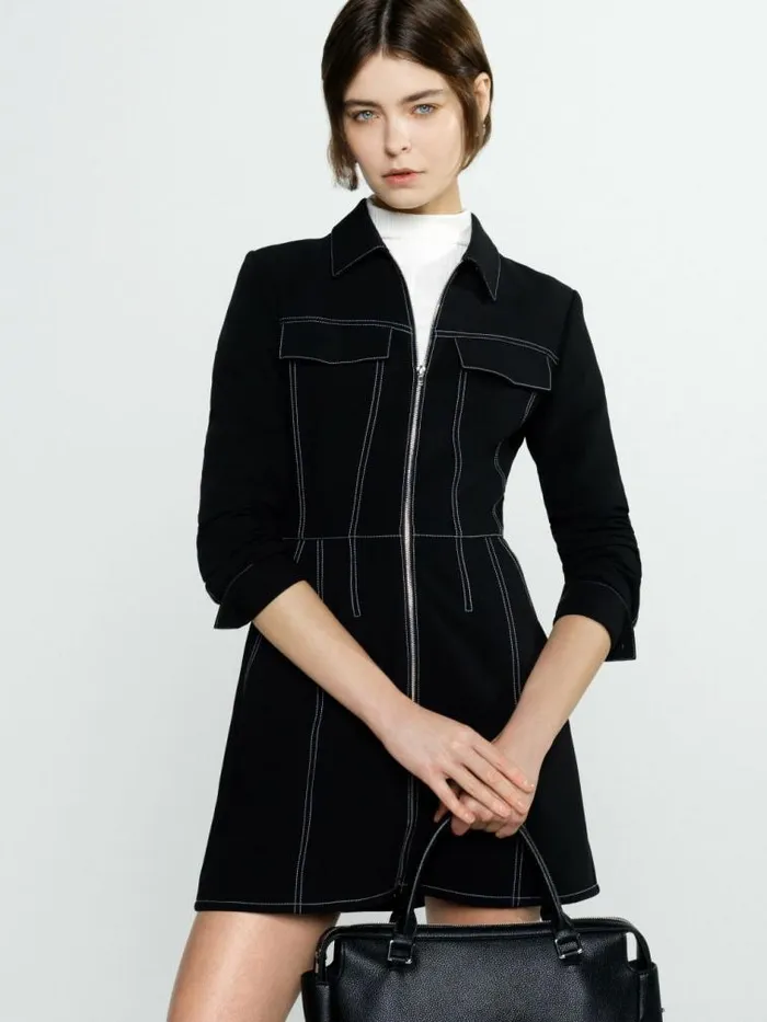 French Connection Azra Twill Contrast Stitching Mini Dress Black Women Dresses French Connection Azra Twill Contrast Stitching Mini Dress Black Women Dresses