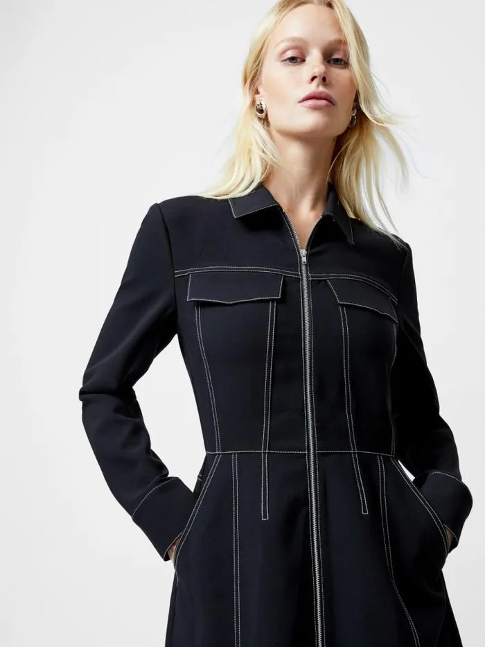 French Connection Azra Twill Contrast Stitching Mini Dress Black Women Dresses