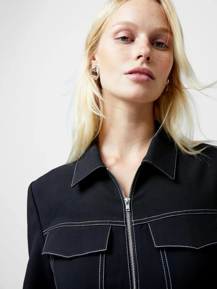 French Connection Azra Twill Contrast Stitching Mini Dress Black Women Dresses