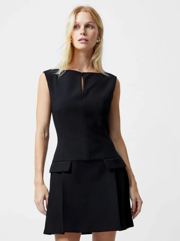 French Connection Azra Twill Pleated Mini Dress Black Women Dresses