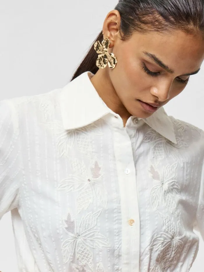 French Connection Barnet Cotton Striped Embroidered Shirt Linen White Women Tops