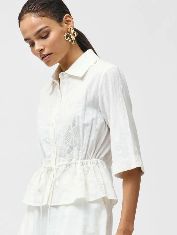 French Connection Barnet Cotton Striped Embroidered Shirt Linen White Women Tops