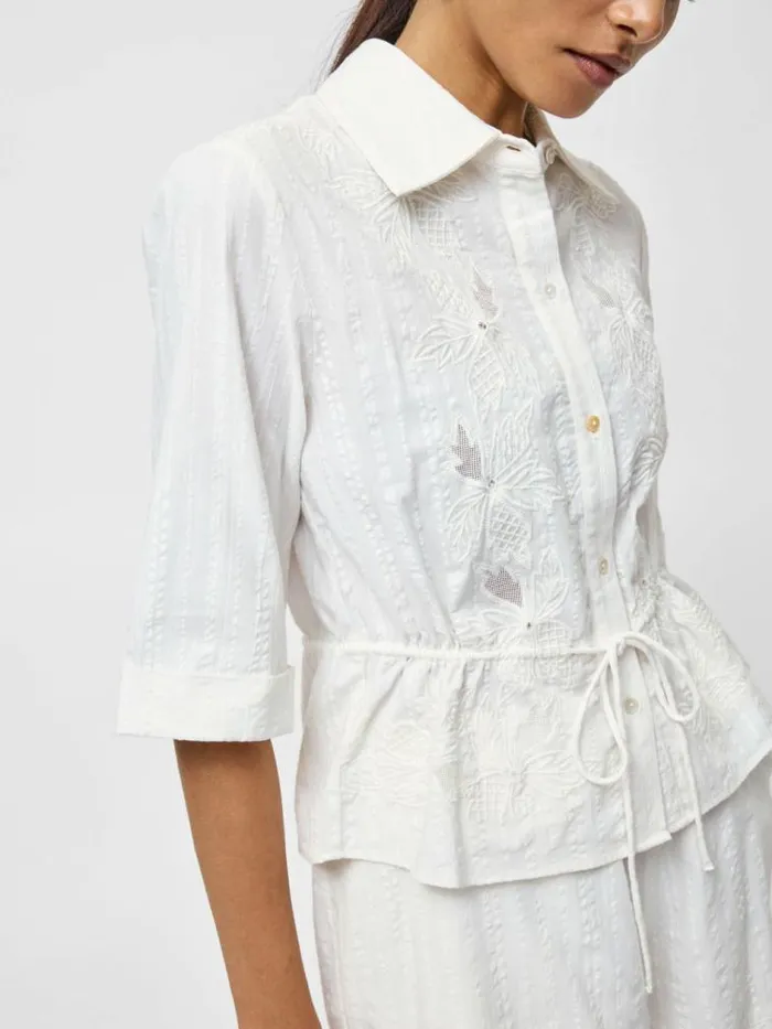 French Connection Barnet Cotton Striped Embroidered Shirt Linen White Women Tops