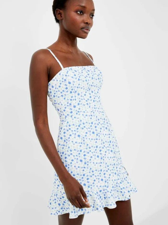 French Connection Camille Whisper Frill Hem Mini Dress White Blue Multi Women Dresses