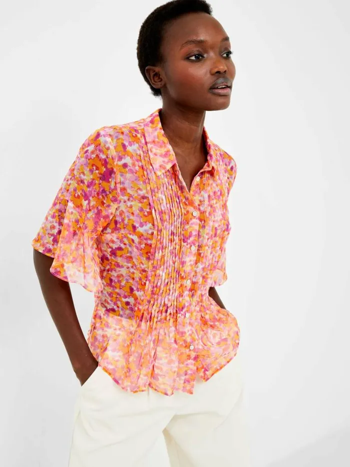 French Connection Cass Eco Hallie Crinkle Pintuck Shirt Persimmon Women Tops
