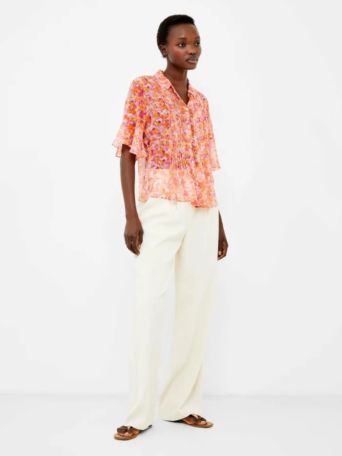 French Connection Cass Eco Hallie Crinkle Pintuck Shirt Persimmon Women Tops