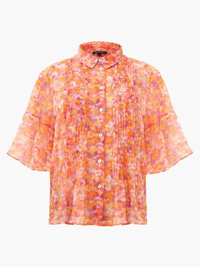French Connection Cass Eco Hallie Crinkle Pintuck Shirt Persimmon Women Tops