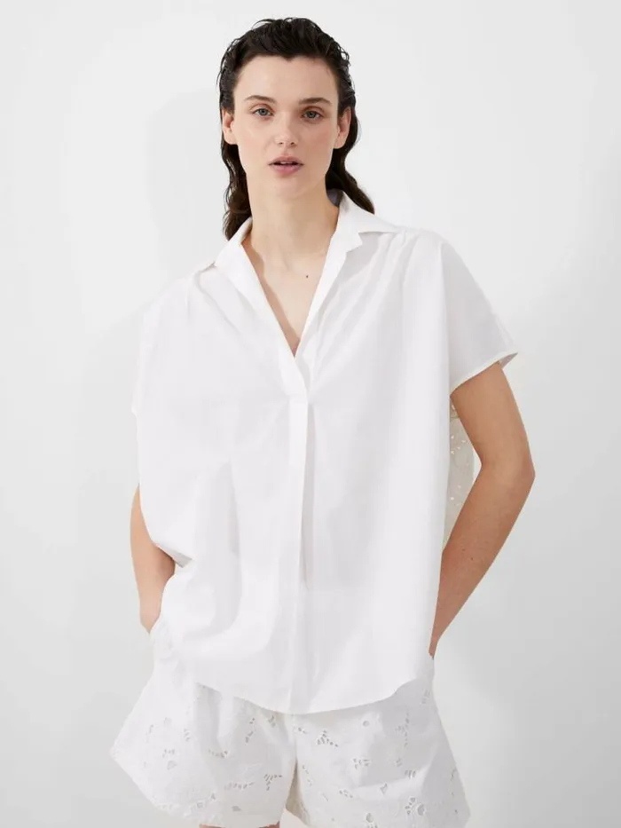 French Connection Cele Cap Sleeve Broderie Popover Shirt Linen White Women Tops