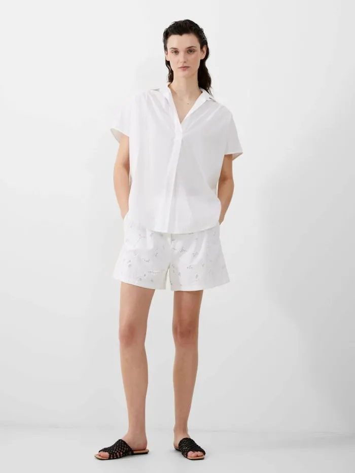 French Connection Cele Cap Sleeve Broderie Popover Shirt Linen White Women Tops
