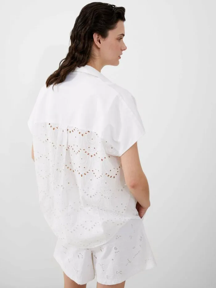 French Connection Cele Cap Sleeve Broderie Popover Shirt Linen White Women Tops
