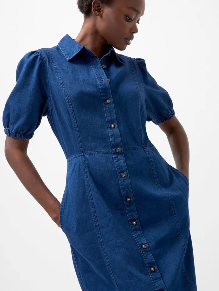 French Connection Chambray Button Through Shirt Dress Mid Wash Women Dresses