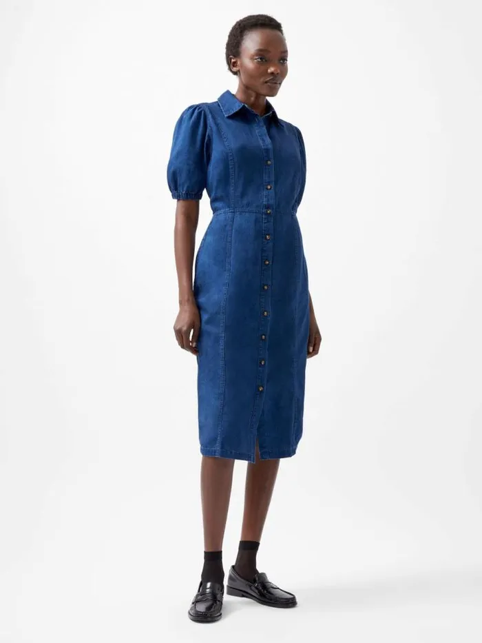 French Connection Chambray Button Through Shirt Dress Mid Wash Women Dresses
