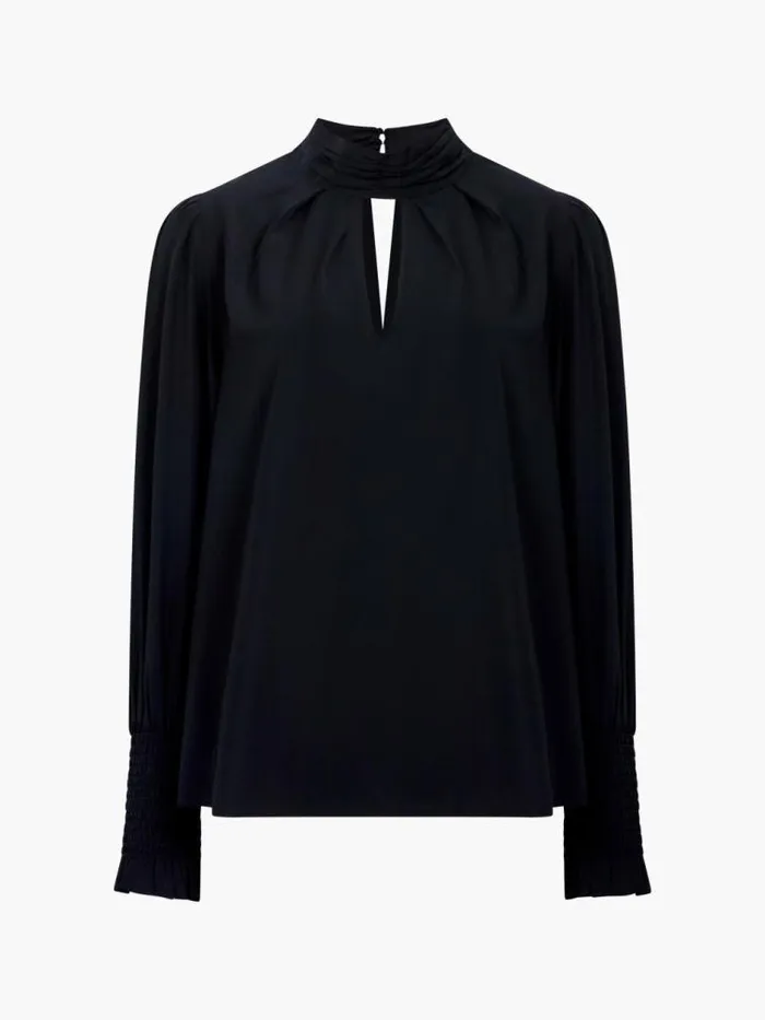 French Connection Crepe Light Keyhole Long Sleeve Blouse Black Women Tops