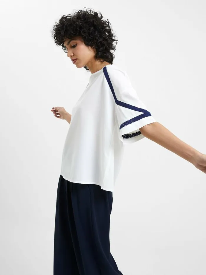 French Connection Crepe Recycled Light Embroidered Top Winter White Women Tops
