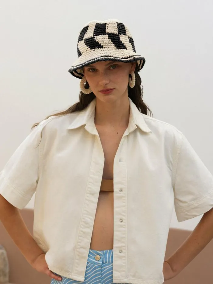 French Connection Crochet Hat Ecrublack Women Hats
