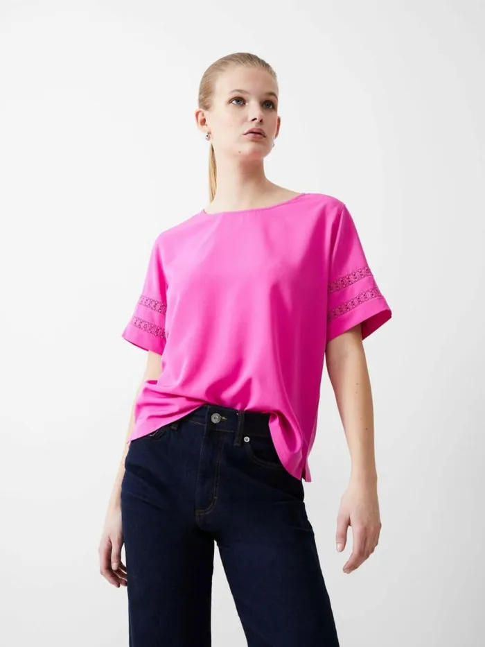 French Connection Crochet Trim Crepe Light Top Wild Rosa Women Tops