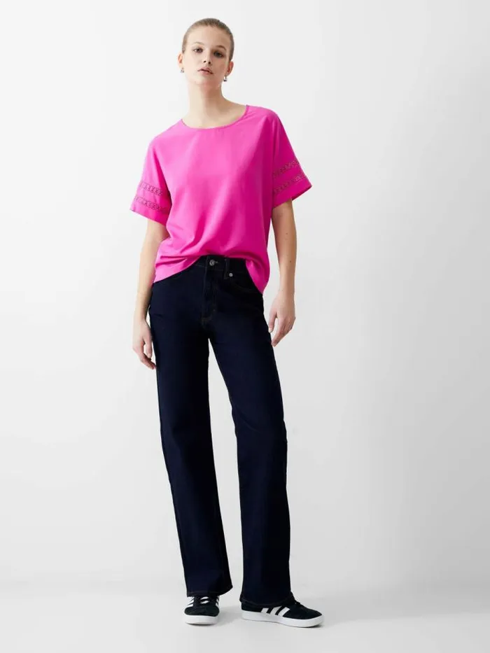 French Connection Crochet Trim Crepe Light Top Wild Rosa Women Tops