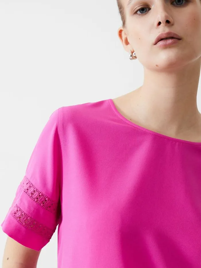 French Connection Crochet Trim Crepe Light Top Wild Rosa Women Tops